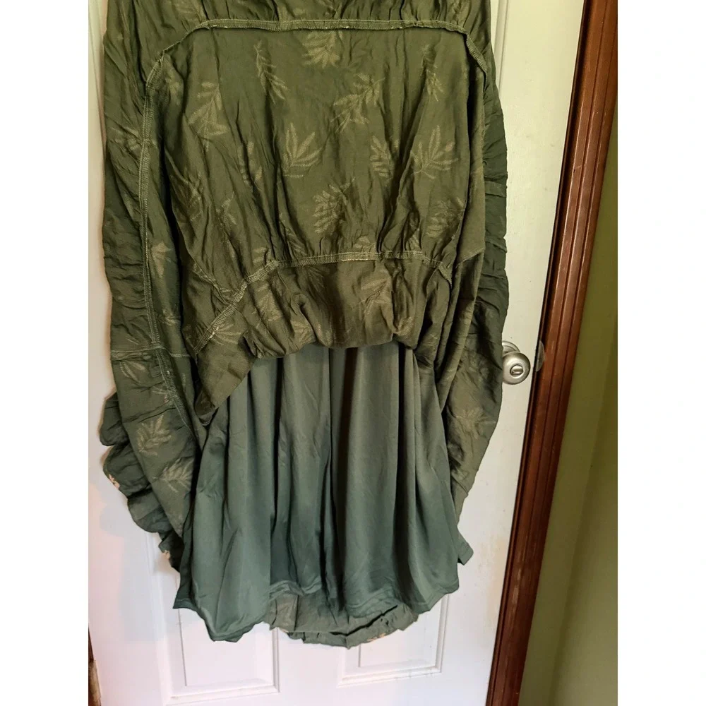 Polagram Olive Green Smocked Leaf Print Maxi Dress Flutter Sleeve L PSD3944-S - Picture 7 of 10